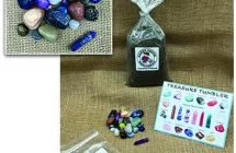 Gem mining bag with gemstones and an identification card